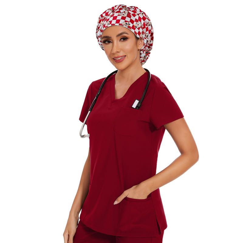 Adjustable Button Scrub Cap — B04-Red Checkered Calf — Single Layer — 5