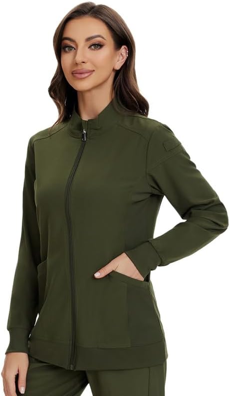 Juno Zip Front Scrub Jacket — Olive Green — 3
