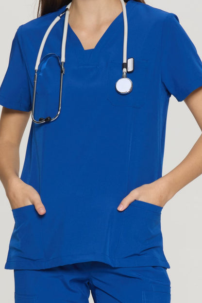 Women's Slim-Fit V-Neck Collar-Patch Scrub Top, Royal Blue, Pocket Detail