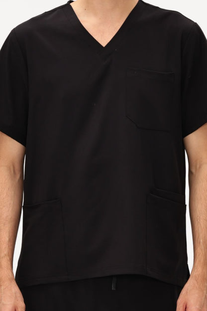Men's 3-Pocket V-Neck Scrub Top, Black, V-Neck Detail