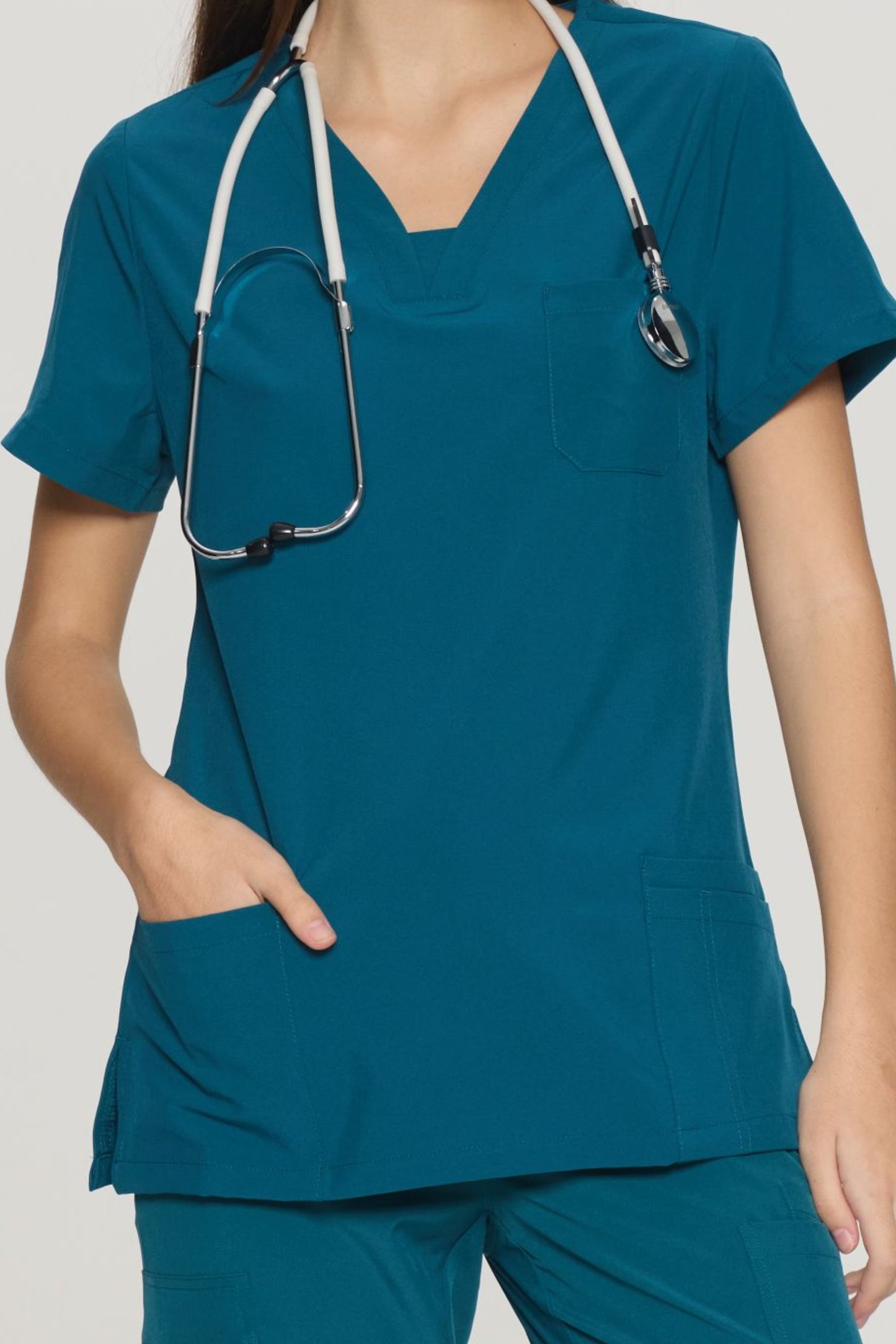 COZYFIT Slim Fit V-Neck Collar Patch Women Scrub Tops with 3 Pockets