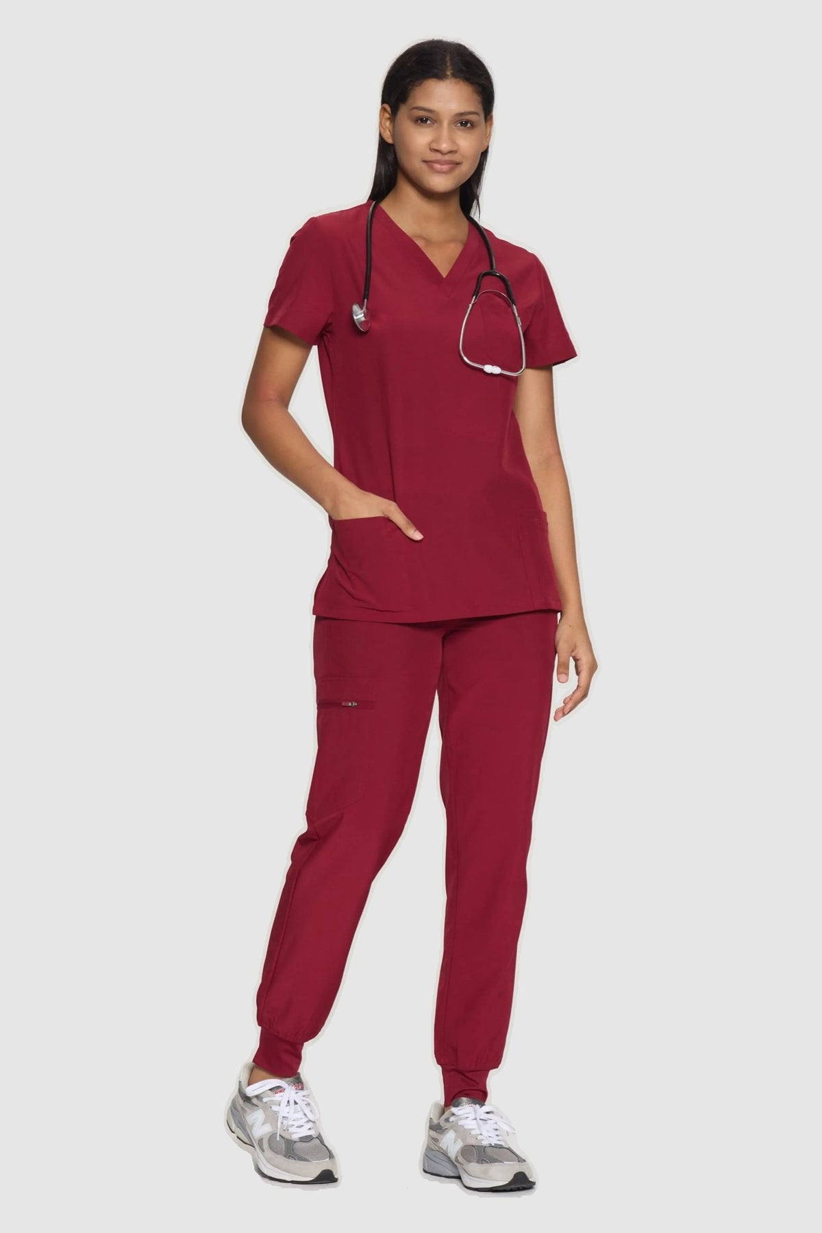 Women's 8-Pocket V-Neck Jogger Scrub Set, Burgundy, Three-Quarter View