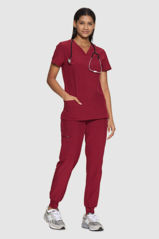 Women's 8-Pocket V-Neck Jogger Scrub Set, Burgundy, Three-Quarter View