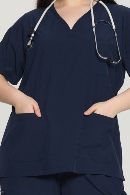 Women's Curved V-Neck 3-Pocket Scrub Top, Navy Blue, Pocket Detail