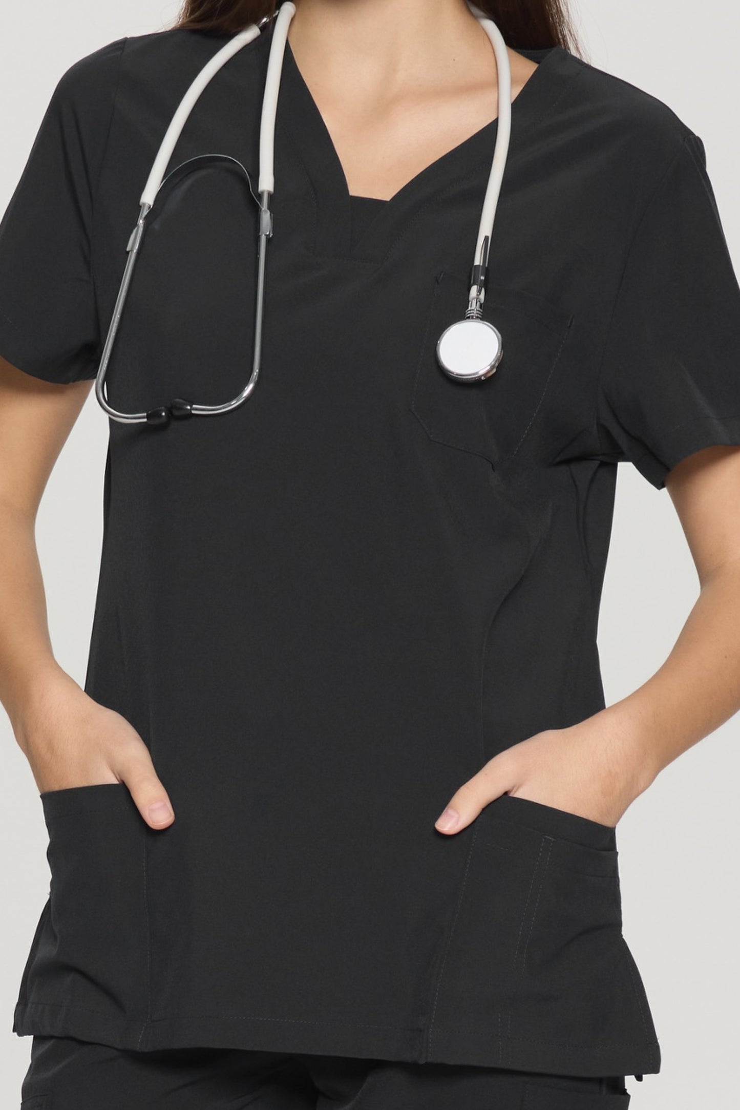 COZYFIT Slim Fit V-Neck Collar Patch Women Scrub Tops with 3 Pockets