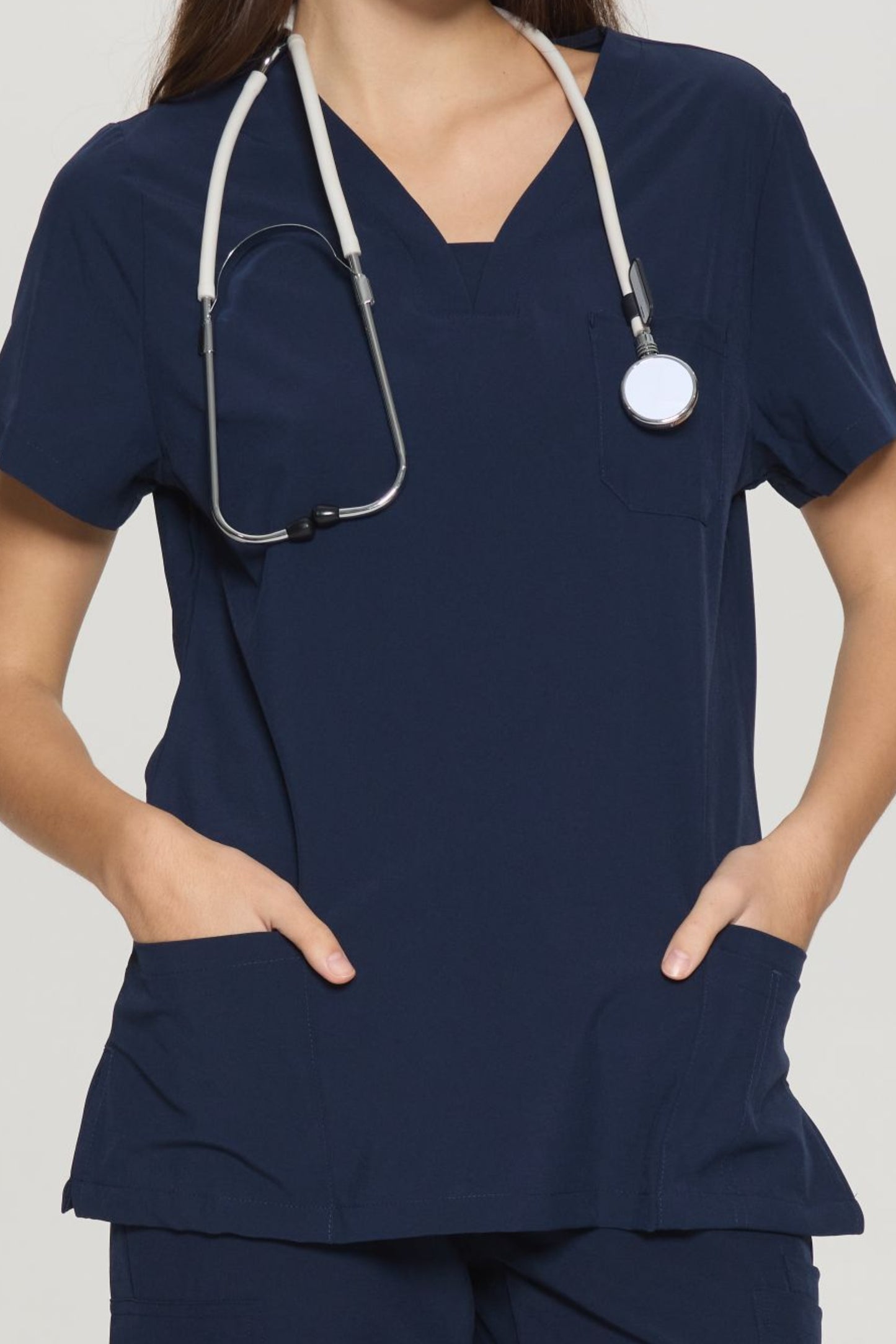 COZYFIT Slim Fit V-Neck Collar Patch Women Scrub Tops with 3 Pockets