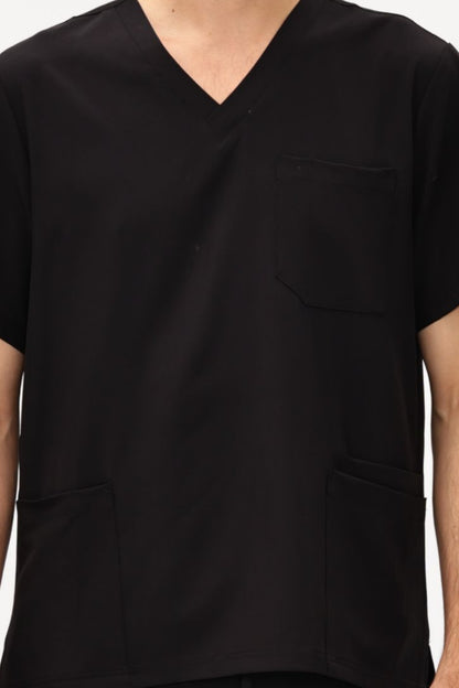 Men's 11-Pocket V-Neck Jogger Scrub Set, Black, V-Neck Detail