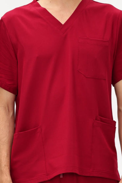 Men's 3-Pocket V-Neck Scrub Top, Burgundy, Pocket Detail