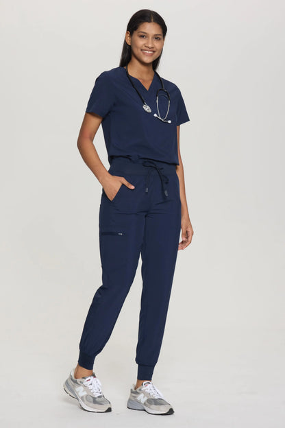 Women's 8-Pocket V-Neck Jogger Scrub Set, Navy Blue, V-Neck Detail