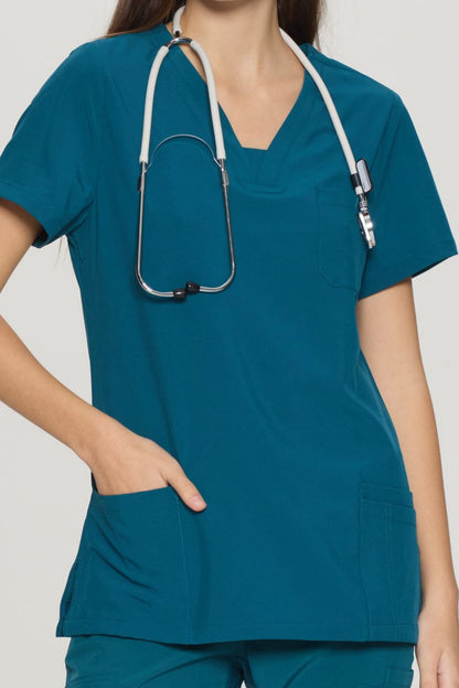 Women's 10-Pocket V-Neck Cargo Scrub Set, Caribbean Blue, V-Neck Detail