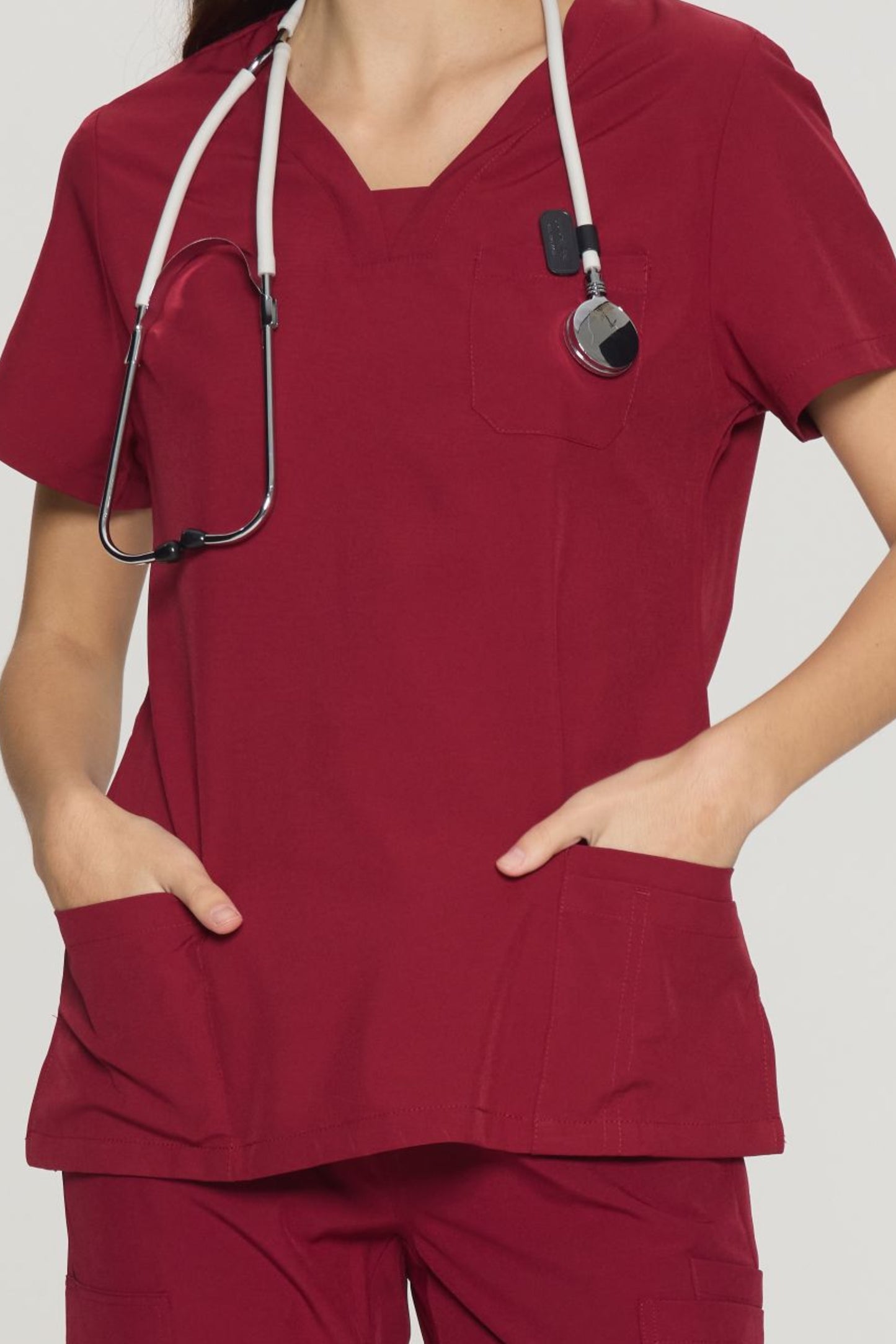 COZYFIT Slim Fit V-Neck Collar Patch Women Scrub Tops with 3 Pockets