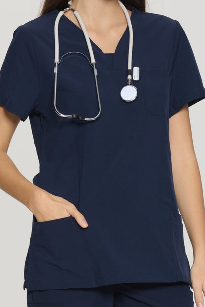 Women's 10-Pocket V-Neck Cargo Scrub Set, Navy Blue, V-Neck Detail