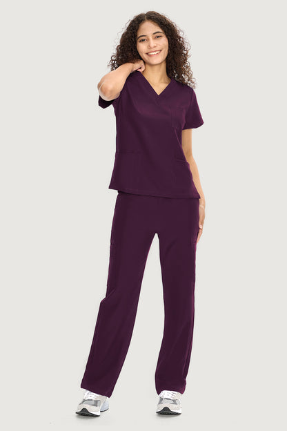 Women's 9-Pocket V-Neck Scrub Set, Dark Purple, Full-Length Front View