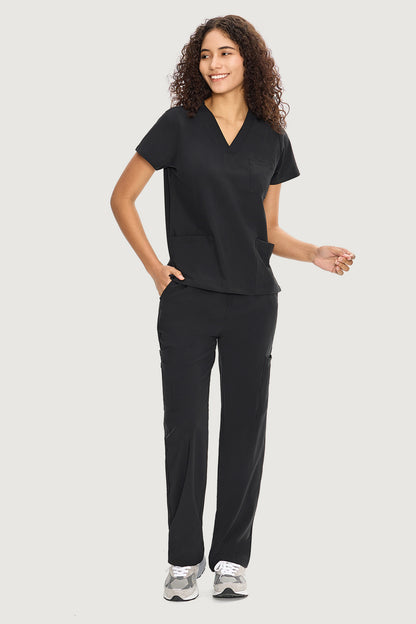 Women's 9-Pocket V-Neck Scrub Set, Black, Full-Length Front View