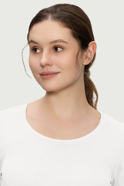 Women's Long-Sleeve Scoop Neck Underscrub Top, White, Neckline Detail