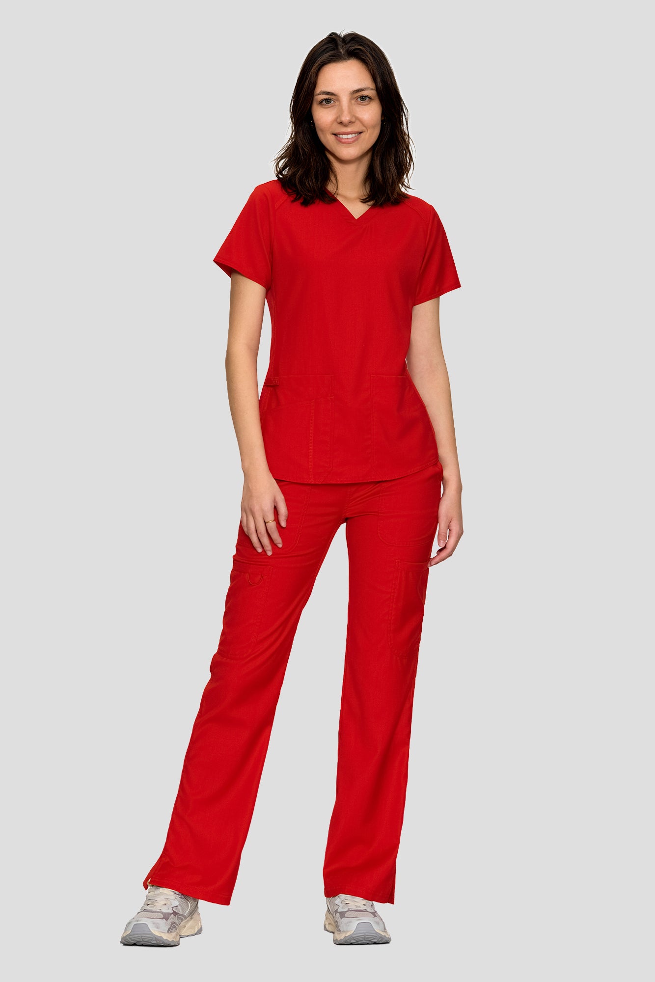 Scrubs for Women Set, V-Neck Top & Straight Leg Cargo Pants. 9 Pockets. Side Ribbed Panels, Side Slits, Ultra-Soft Stretch Fabric, Breathable Medical Uniform for Workwear