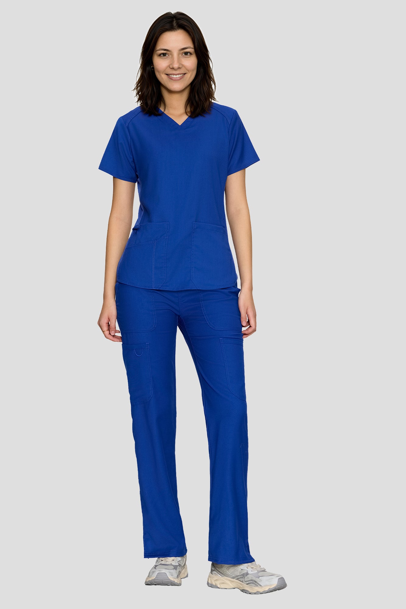 Scrubs for Women Set, V-Neck Top & Straight Leg Cargo Pants. 9 Pockets. Side Ribbed Panels, Side Slits, Ultra-Soft Stretch Fabric, Breathable Medical Uniform for Workwear