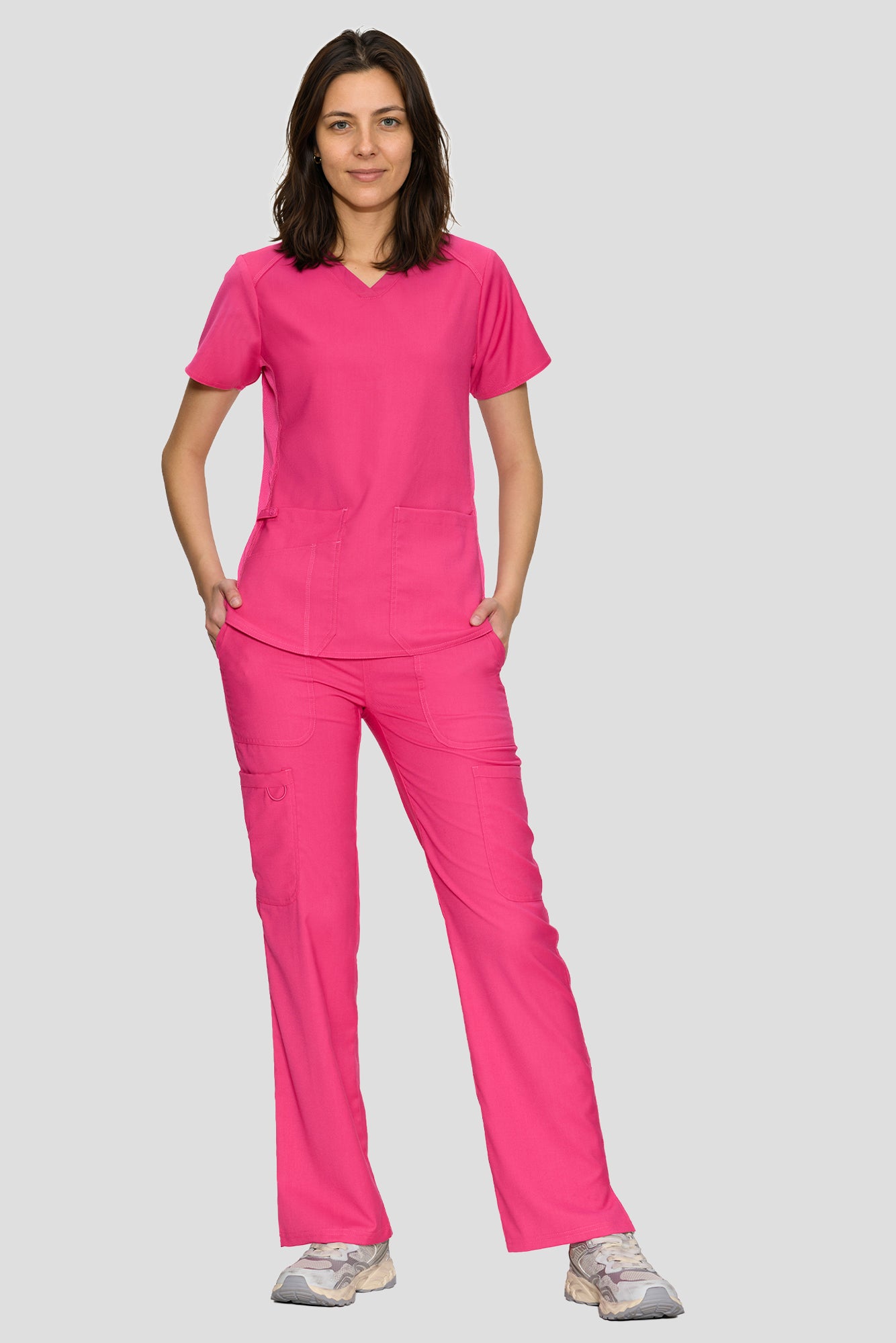 Scrubs for Women Set, V-Neck Top & Straight Leg Cargo Pants. 9 Pockets. Side Ribbed Panels, Side Slits, Ultra-Soft Stretch Fabric, Breathable Medical Uniform for Workwear