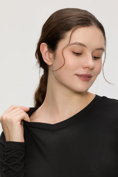 Women's V-Neck Long-Sleeve Underscrub Top, Black, Neckline Detail