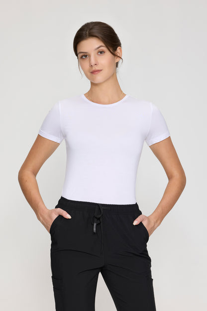 Women's Short-Sleeve Crew Neck Underscrub Tee, White, Model Front View