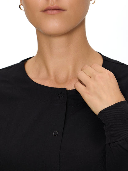 Women's 3-Pocket Snap Front Scrub Jacket, Black, Snap Front Detail