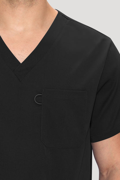 Men's 11-Pocket V-Neck Scrub Set, Black, Chest Pocket Detail