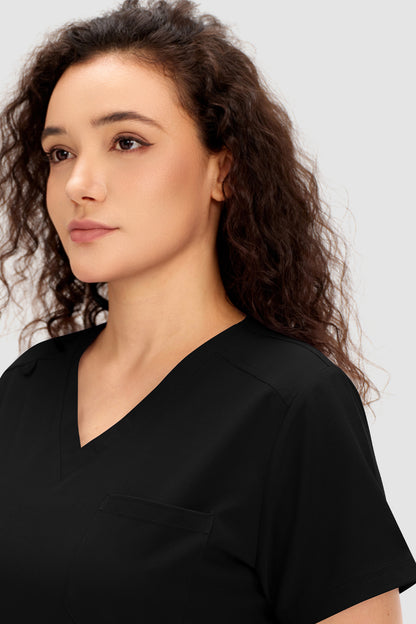 Women's 12-Pocket V-Neck Scrub Set, Black, V-Neck Detail
