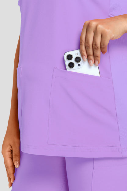 Women's Maternity V-Neck Scrub Top, Light Purple, Pocket Detail