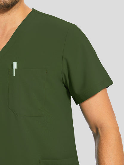 Men's 8-Pocket V-Neck Scrub Set, Army green, Chest Pocket Detail