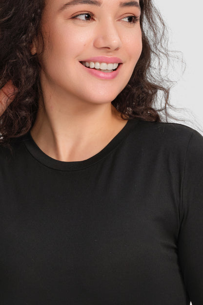 Women's Long-Sleeve Crew-Neck Underscrub Top, Black, Neckline Detail