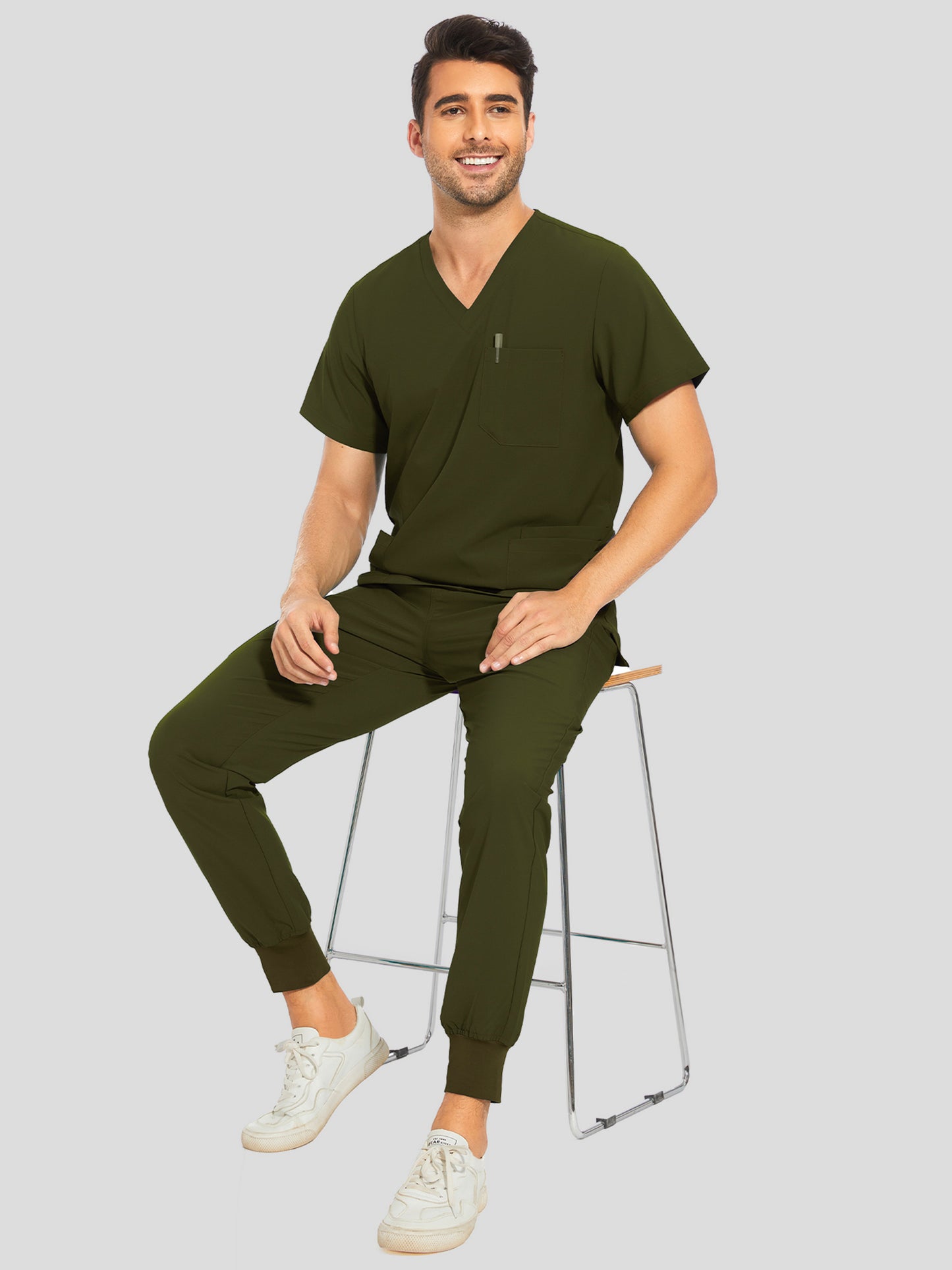 COZYFIT V-Neck Scrub Top & Jogger Pant with 8 Pockets, Yoga Waistband, Anti-Wrinkle Scrubs for Men