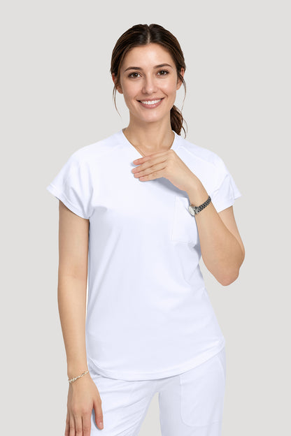 Women's 6-Pocket Scrub Set, White, V-Neck Detail