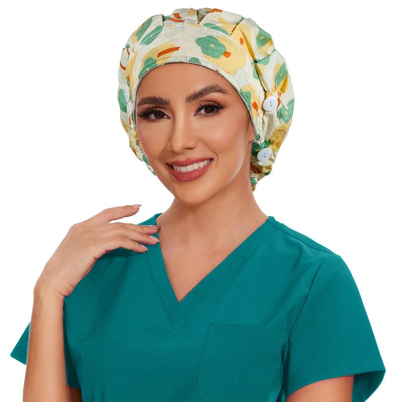 Adjustable Button Scrub Cap — B14-Pastel Garden — Satin Lined — 4