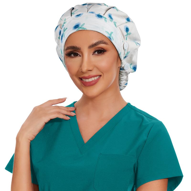 Adjustable Button Scrub Cap — B15-Crystal Dandelion — Single Layer — 4