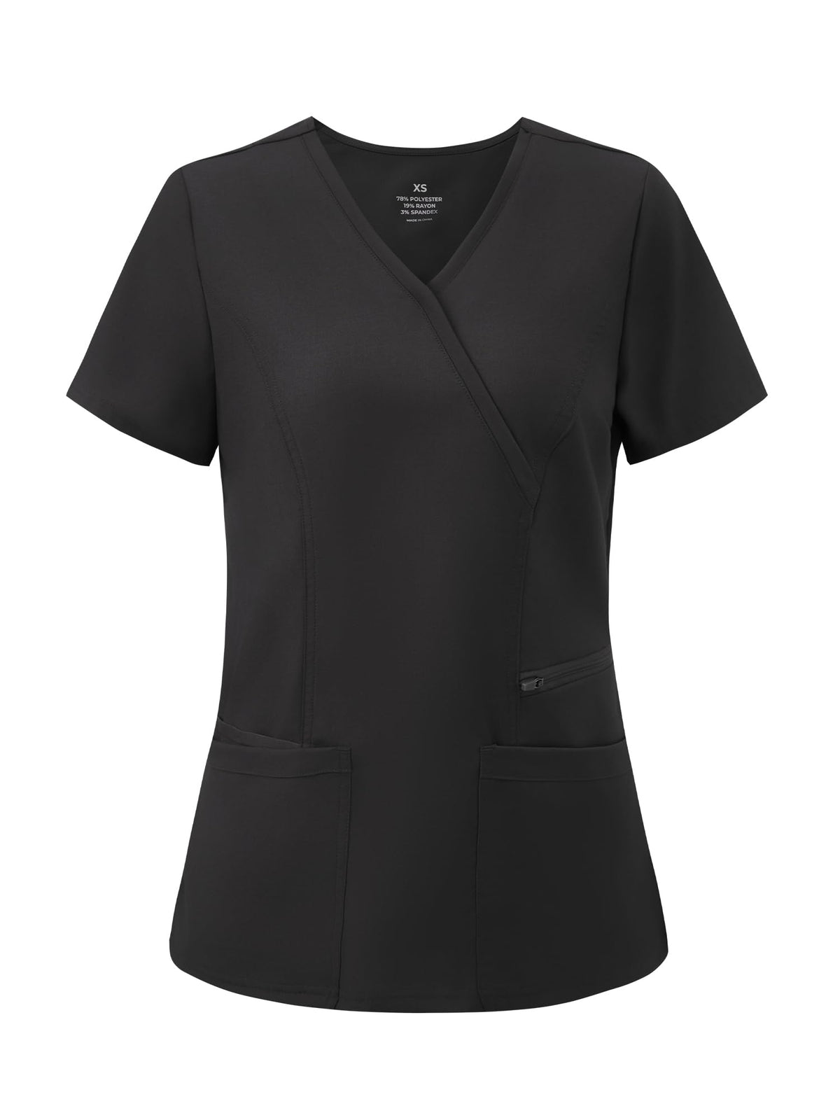Venus Mock Wrap Scrub Top, Black, Front View