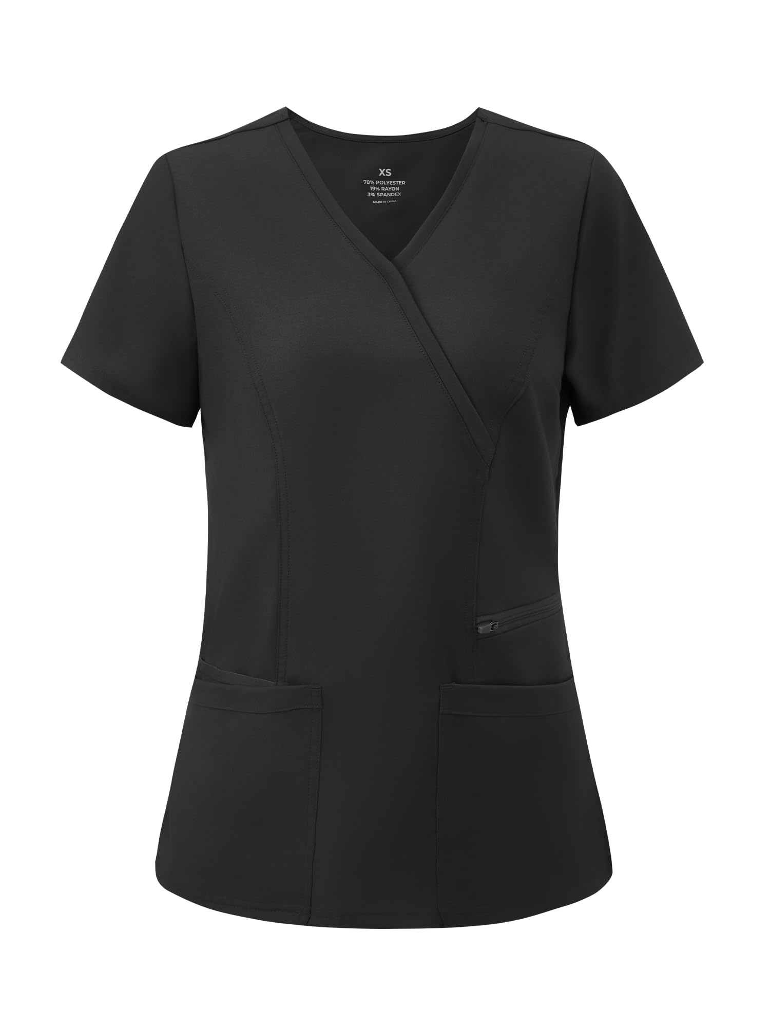 Venus Mock Wrap Scrub Top, Black, Front View