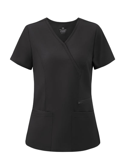 Venus Mock Wrap Scrub Top, Black, Front View
