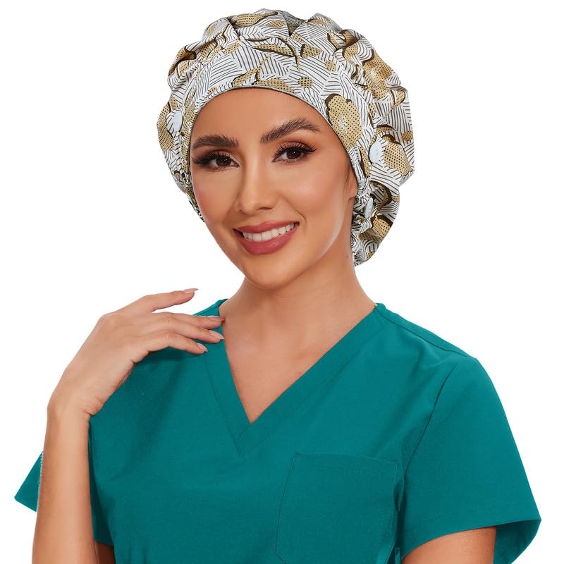 Adjustable Button Scrub Cap — B09-Golden Ginkgo Stripes — Single Layer — 4