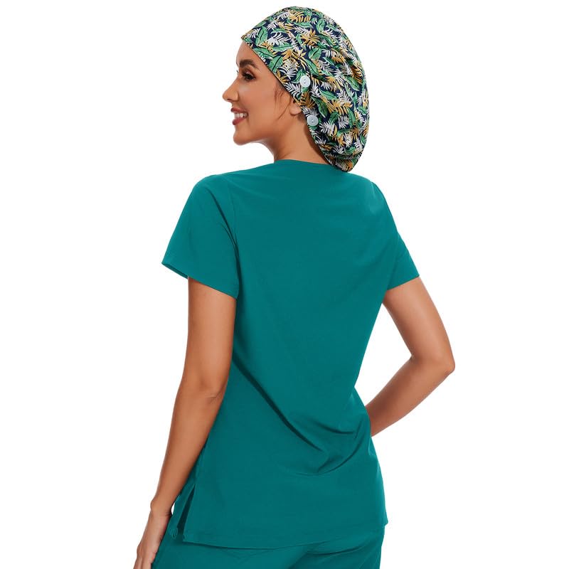 Adjustable Button Scrub Cap — B08-Tropical Foliage — Single Layer — 5