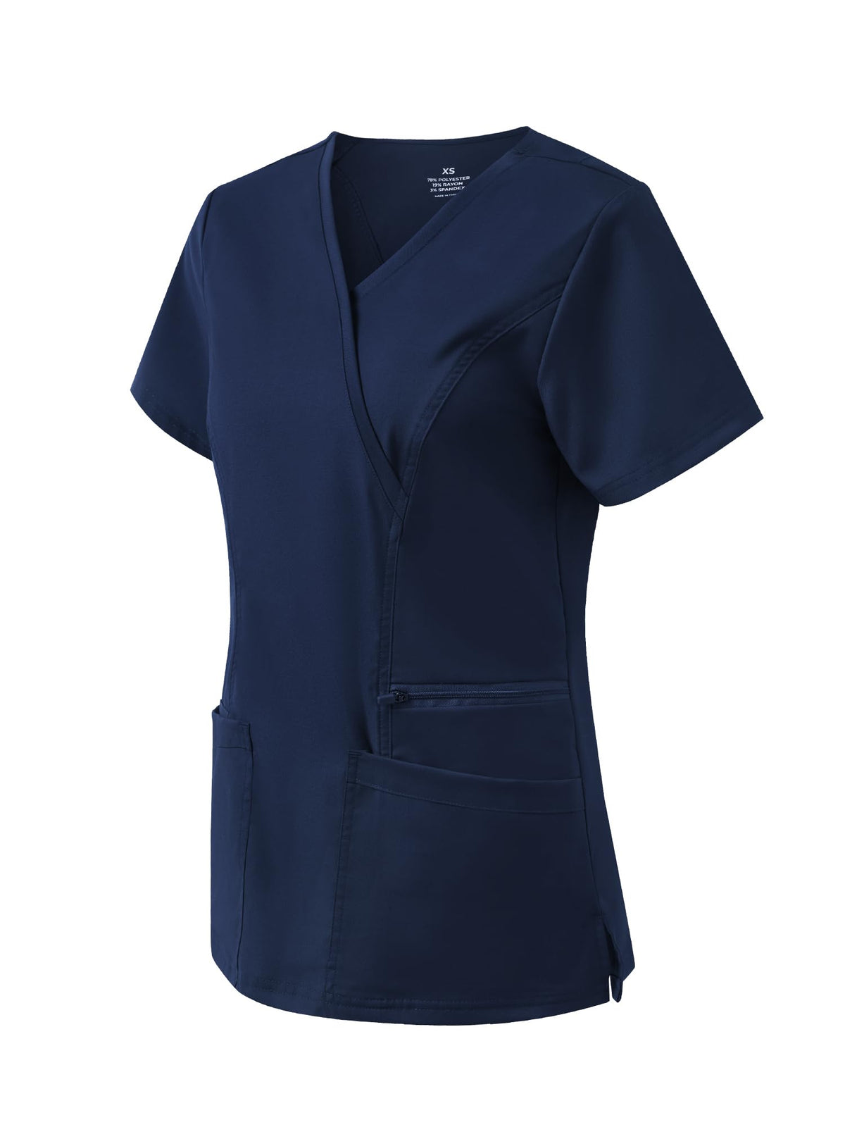 Venus Mock Wrap Scrub Top, Navy Blue, Angled Front View