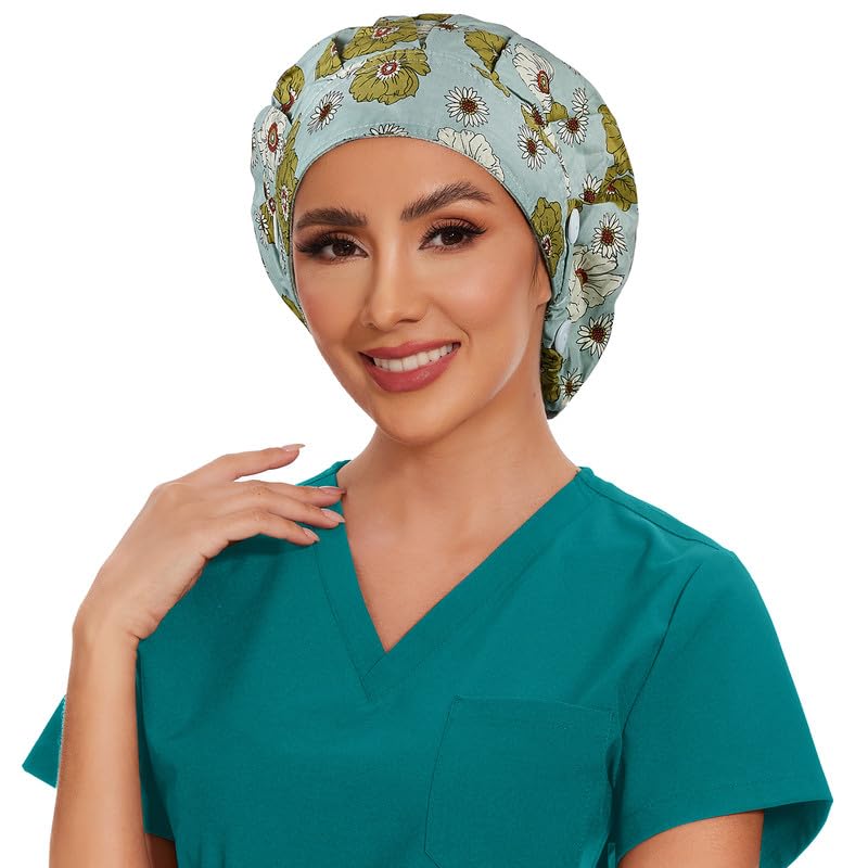 Adjustable Button Scrub Cap — B19-Amber Blossom Breeze — Single Layer — 3
