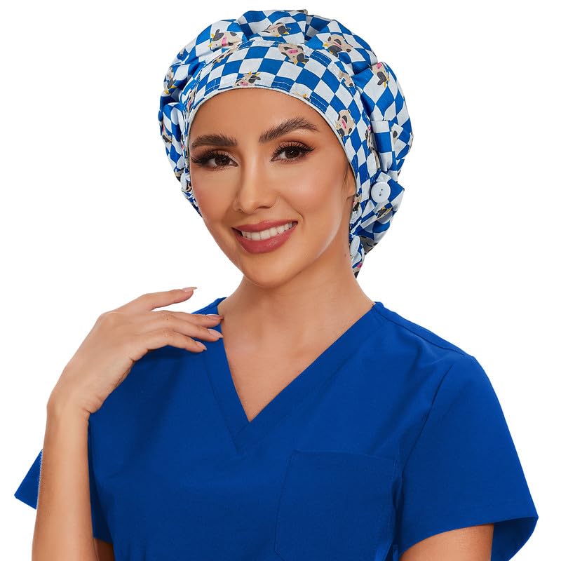 Adjustable Button Scrub Cap — B04-Blue Checkered Calf — Satin Lined — 3