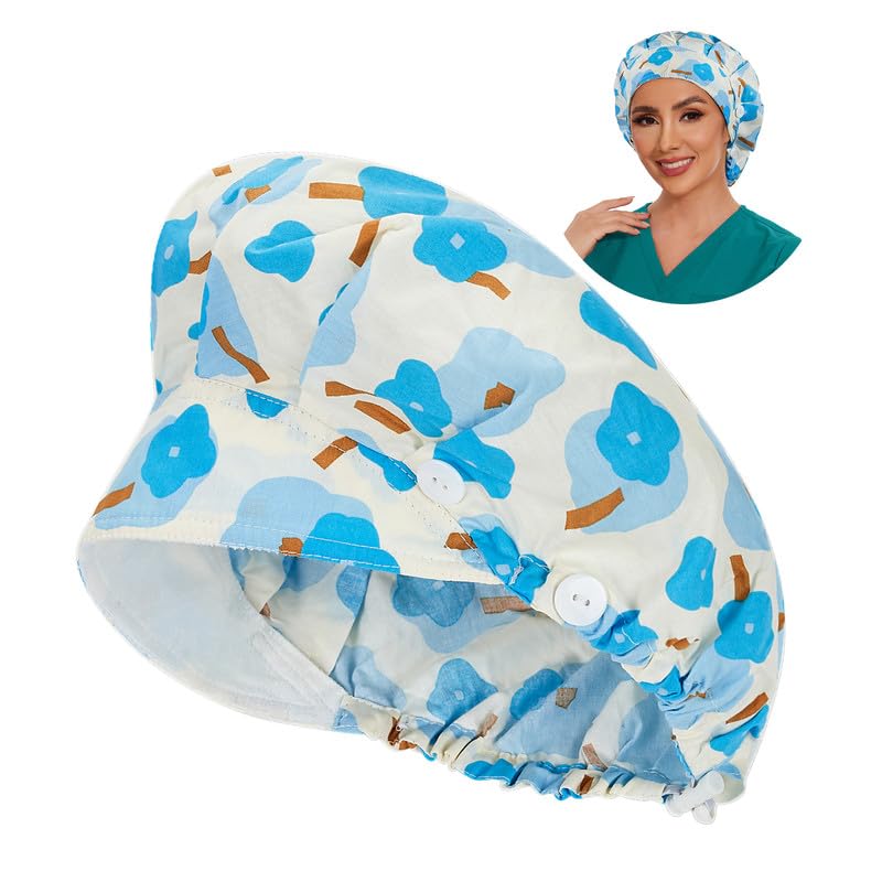 Adjustable Button Scrub Cap — B14-Azure Raindrop Bloomers — Single Layer — 1