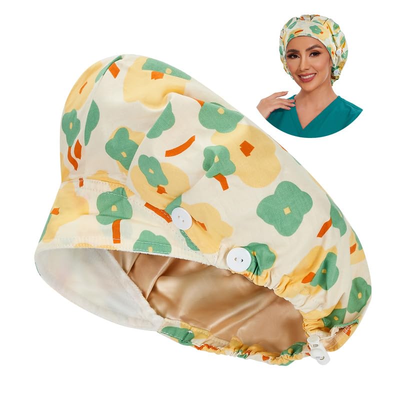 Adjustable Button Scrub Cap — B14-Pastel Garden — Satin Lined — 1