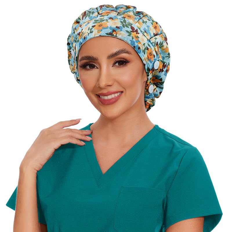Adjustable Button Scrub Cap — B20-Autumn Bloom — Single Layer — 3