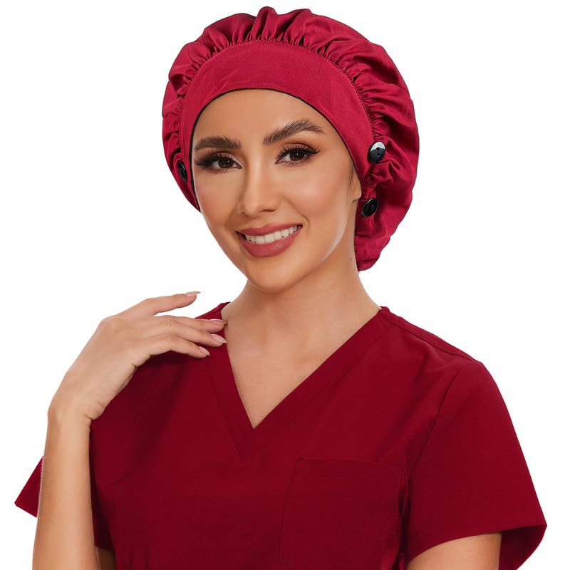 Adjustable Button Scrub Cap — A03-Burgundy — Single Layer — 4