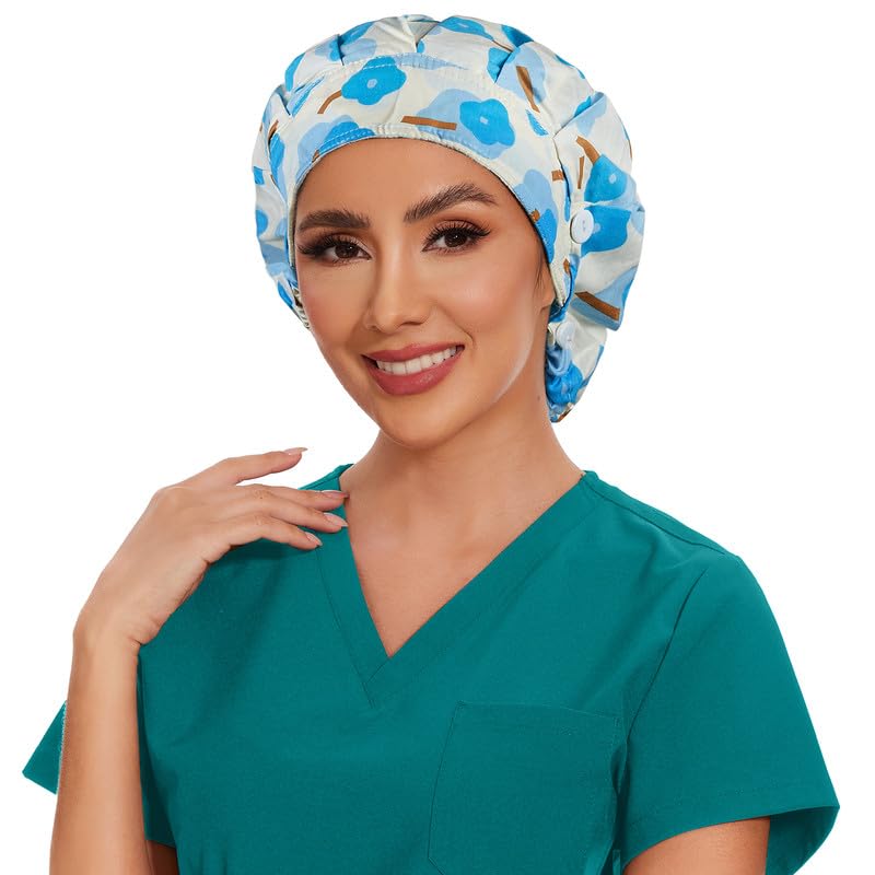 Adjustable Button Scrub Cap — B14-Azure Raindrop Bloomers — Single Layer — 3