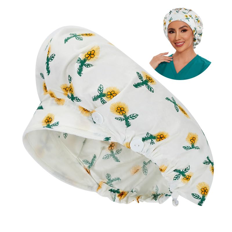 Adjustable Button Scrub Cap — B15-Lemon Blossom — Single Layer — 1
