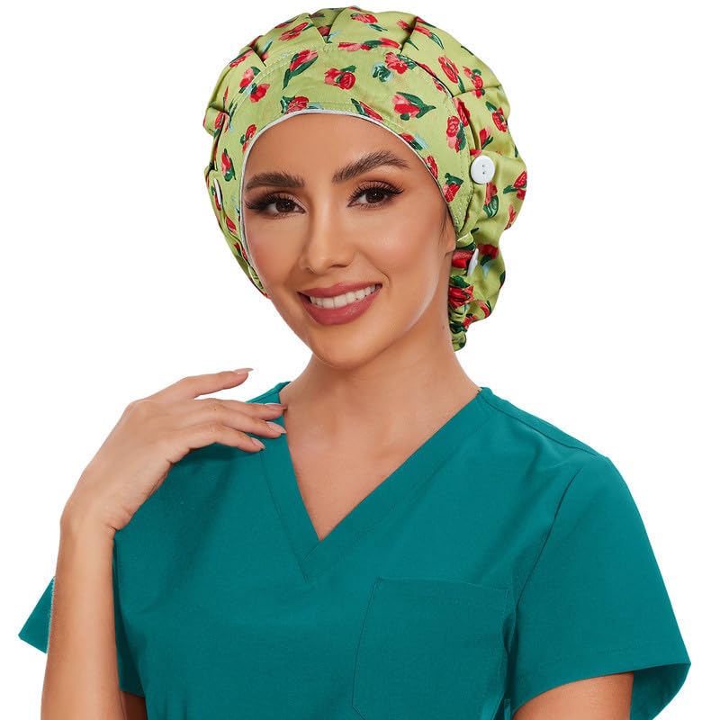 Adjustable Button Scrub Cap — B11-Tulip Garden — Single Layer — 4