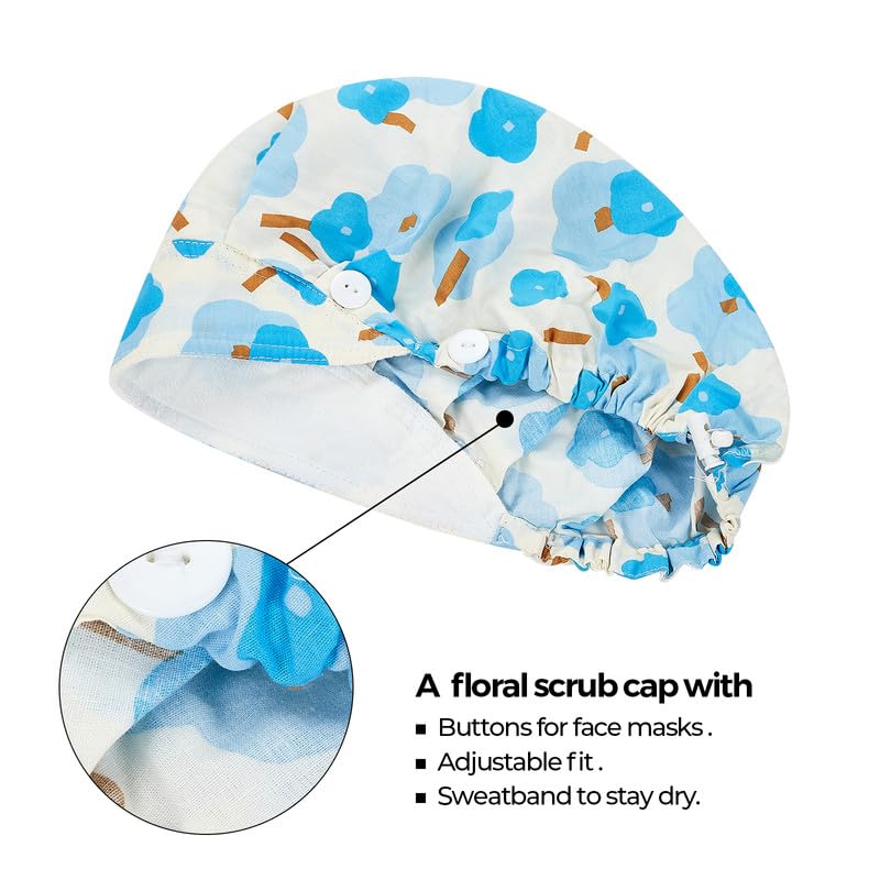 Adjustable Button Scrub Cap — B14-Azure Raindrop Bloomers — Single Layer — 2